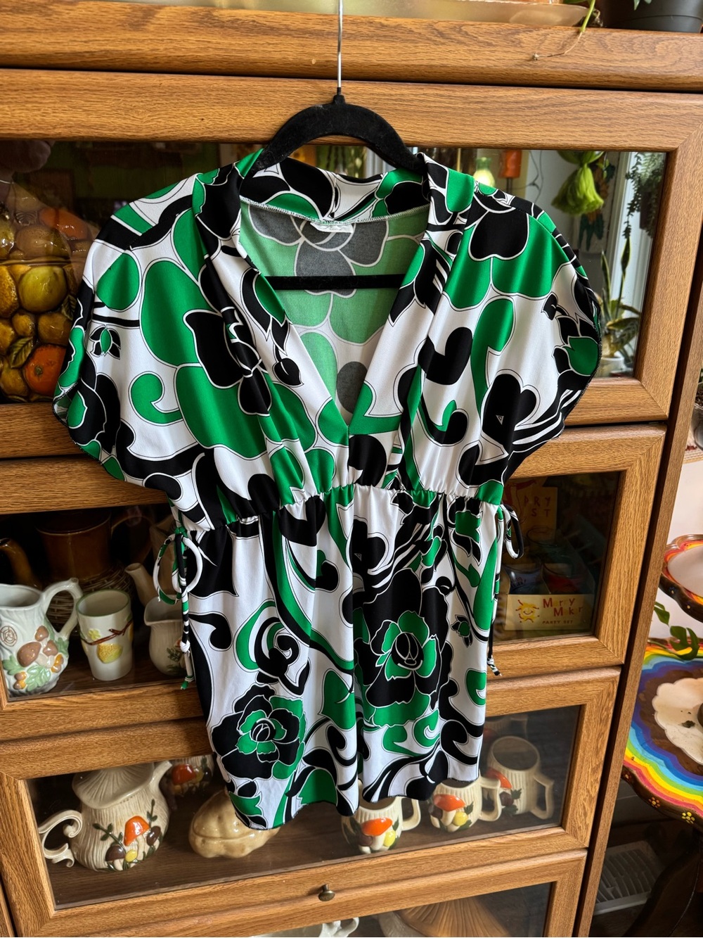 Vintage 00s Green Floral V-Neck Long Sleeve Top